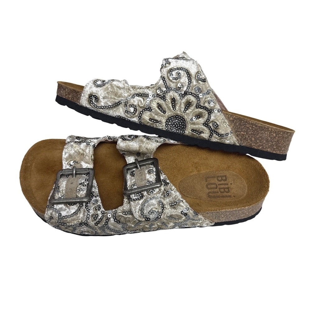 Bibi Lou Sandals Women 36 Gold Sequin Embroidered Velvet Buckle Boho Slide Shoes